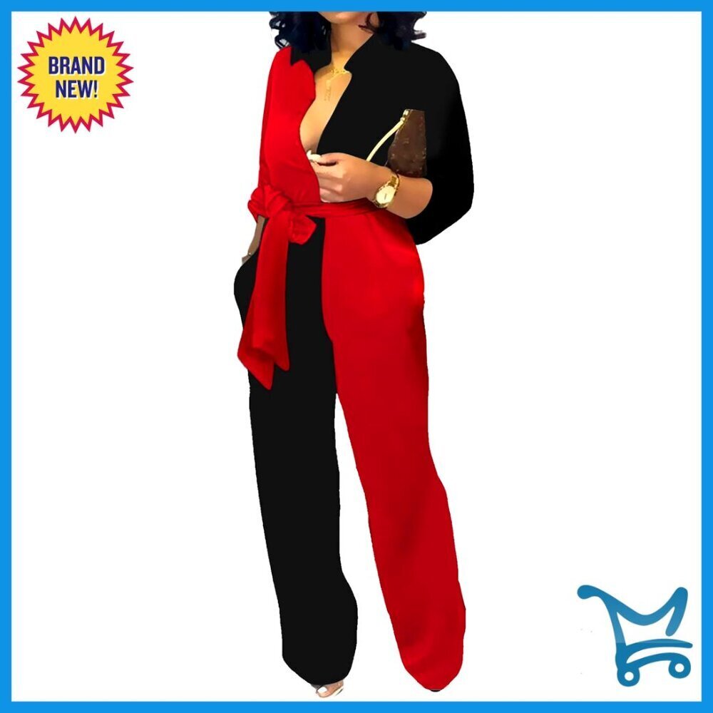 Elegant Business Casual Jumpsuit Button Down V Neck Long Sleeve Straight Pants